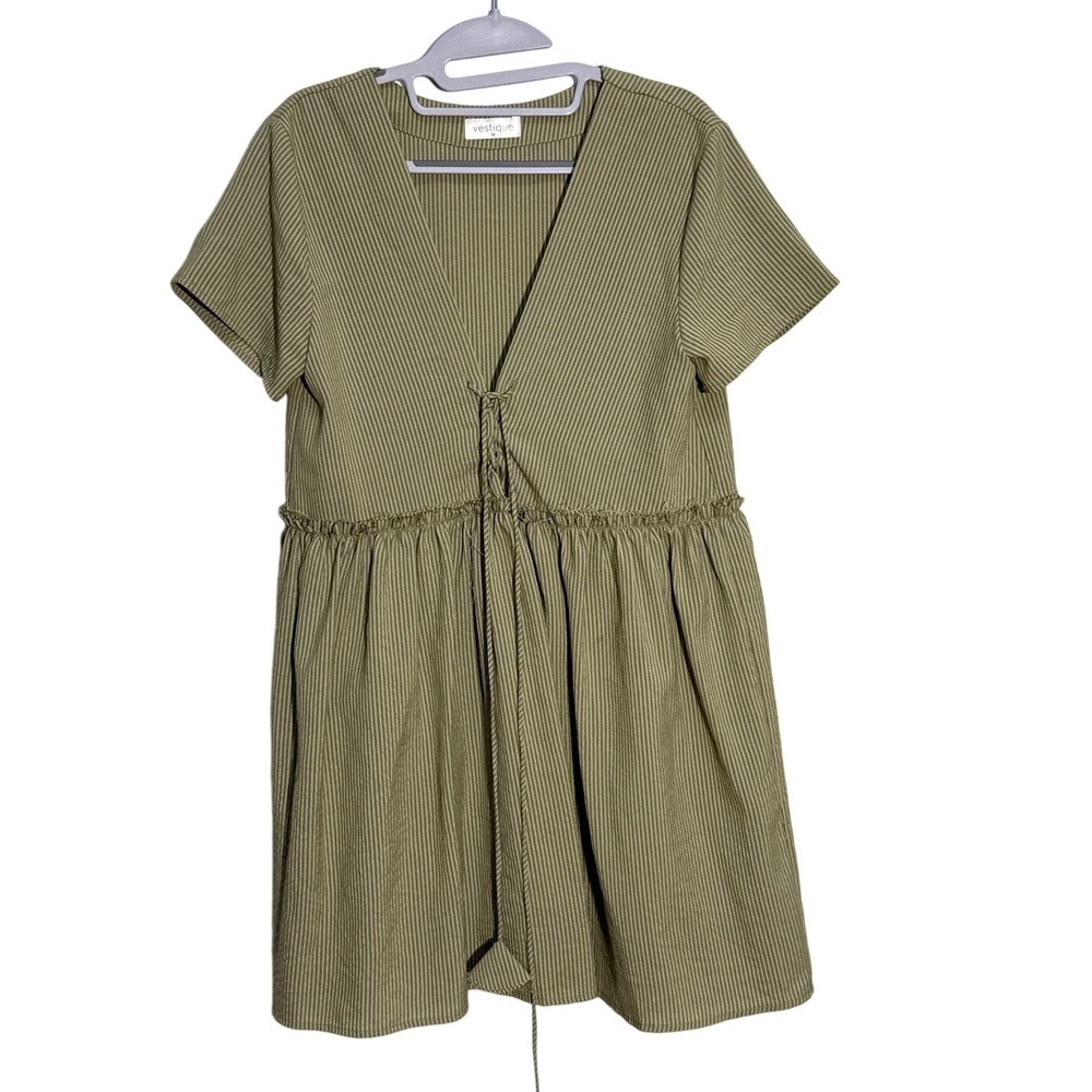 Vestique Green Striped V-Neck Tie Front Babydoll Dress Womens Size M
